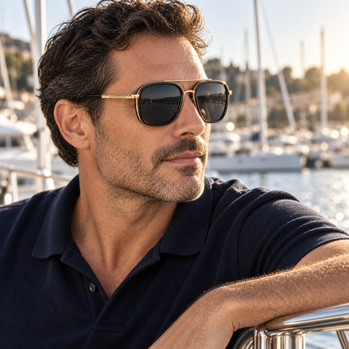Serena Polarized Navigator Sunglasses in Black Gold - worn by a man