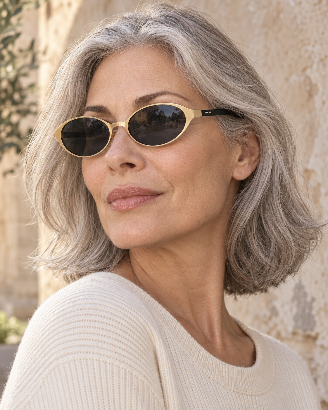 Isella Oval Metal Sunglasses in Gold Smoke - worn by a woman