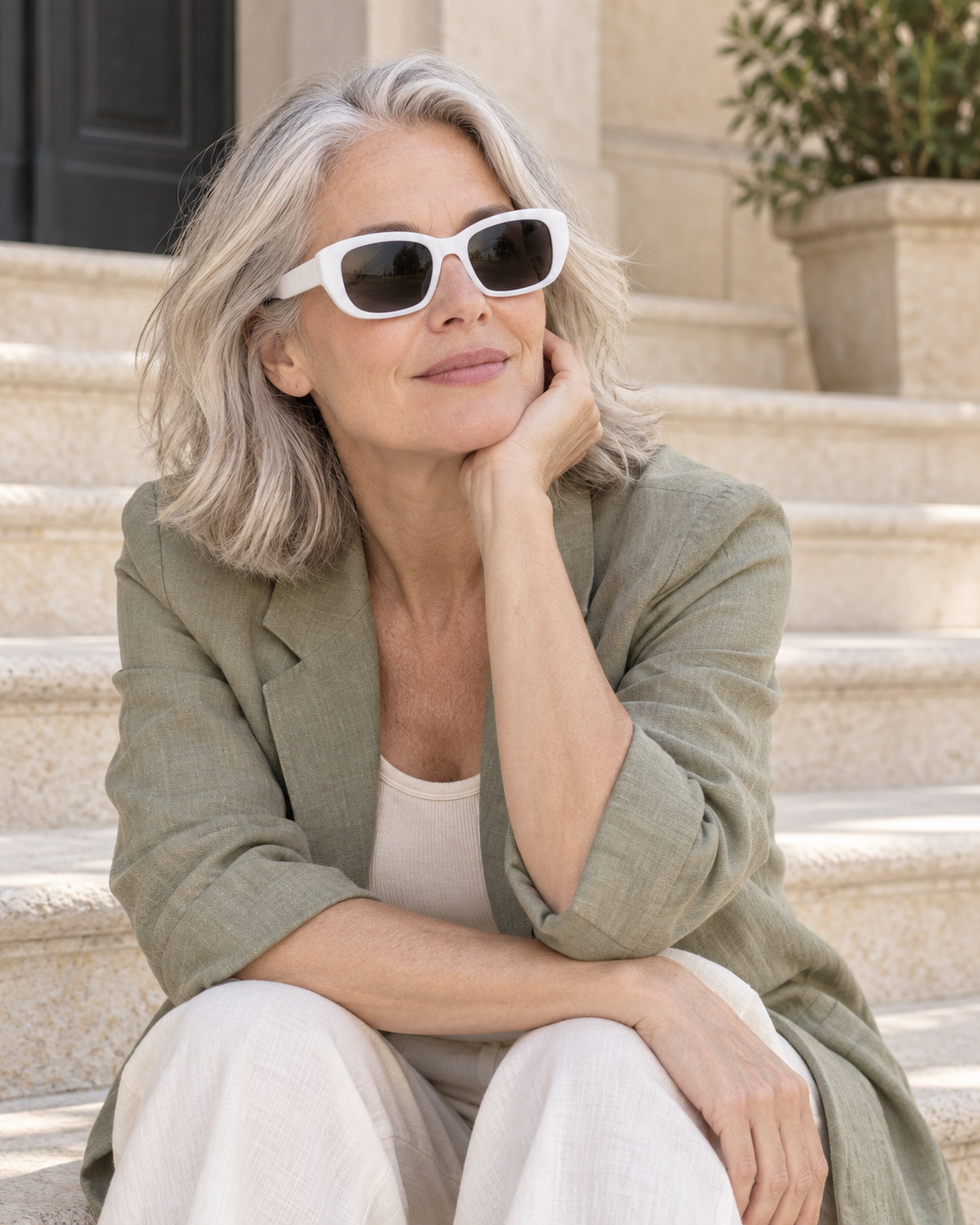 Marceau Square Sunglasses in White - worn by a woman