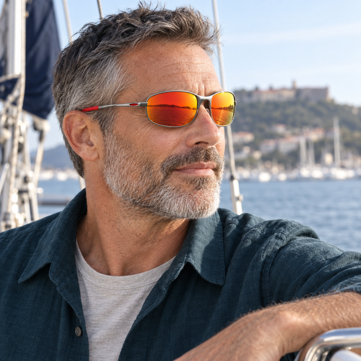 Rovello Polarized Sunglasses in Silver Red Mirror - worn by a man
