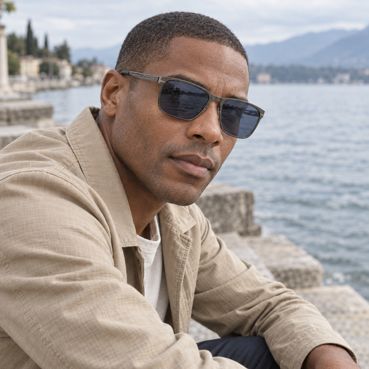 Vareno Polarized Square Sunglasses in Gunmetal Blue - worn by a man