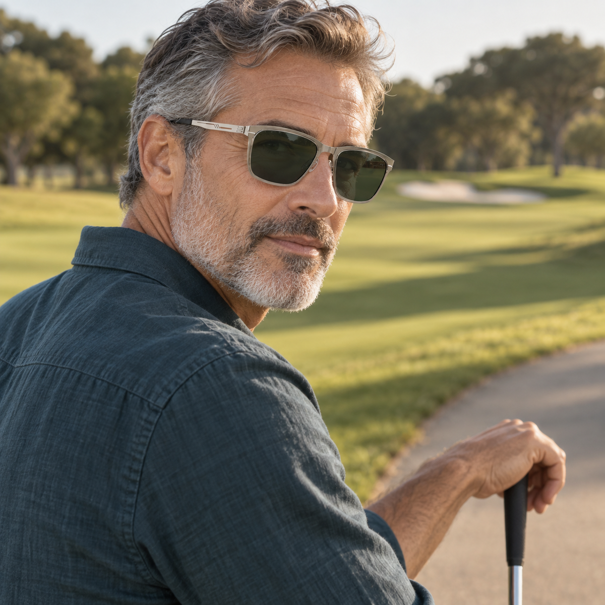Vareno Polarized Square Sunglasses in Silver Green - worn by a man