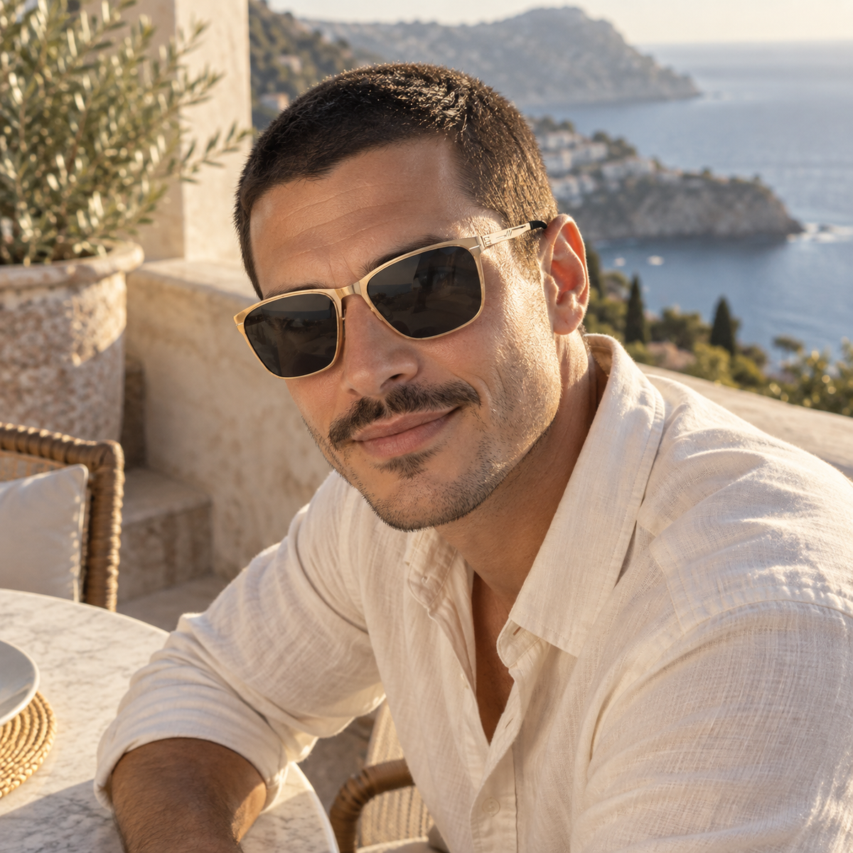 Vareno Polarized Square Sunglasses in Gold Gray - worn by a man