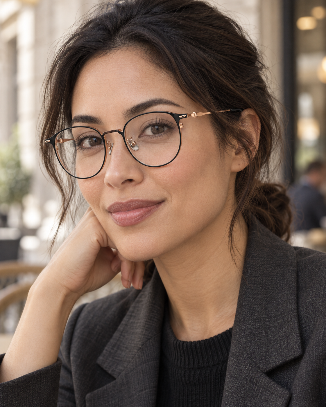 Aveline Titanium Frames in Black Rose Gold - worn by a woman