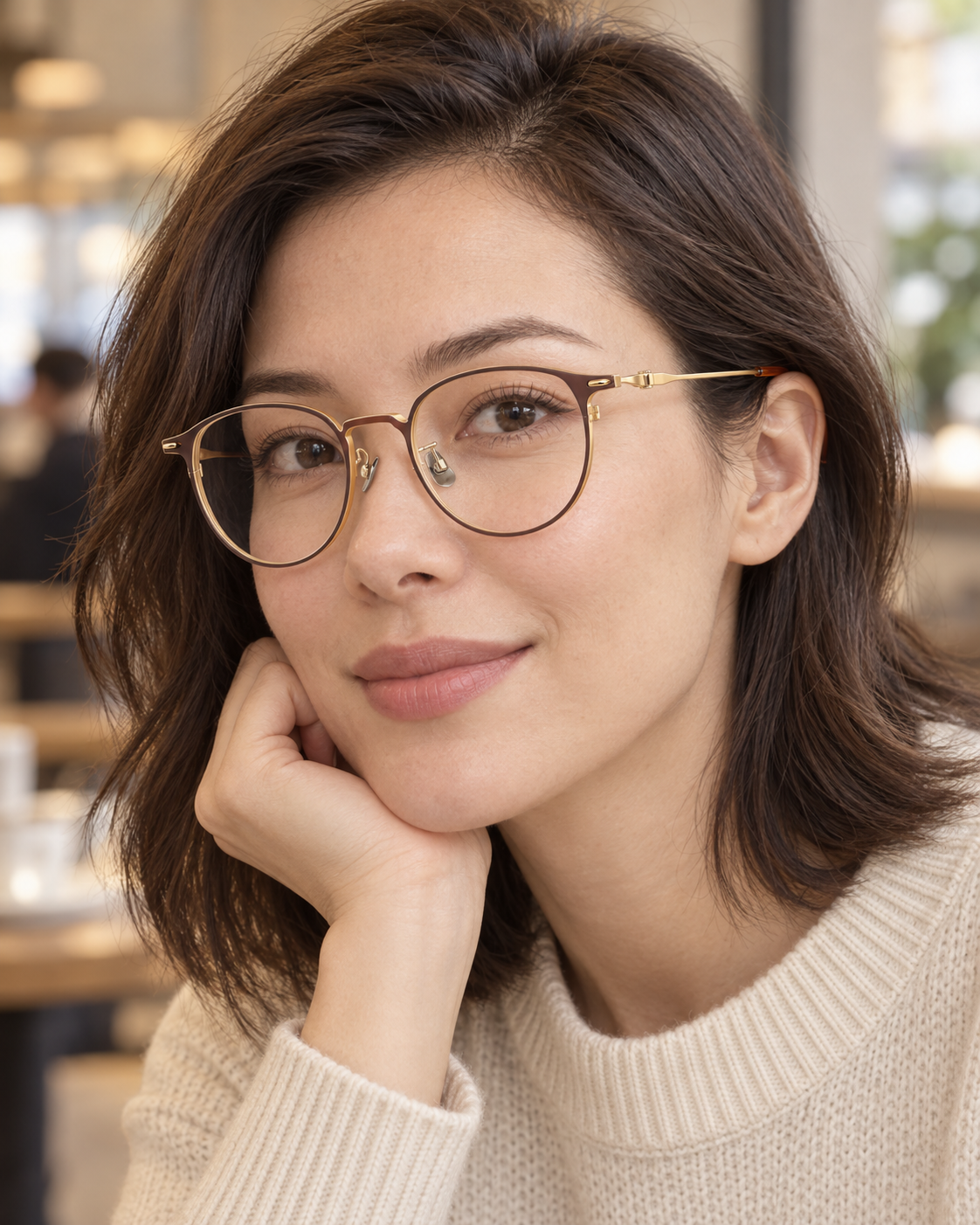 Aveline Titanium Frames in Brown Gold - worn by a woman