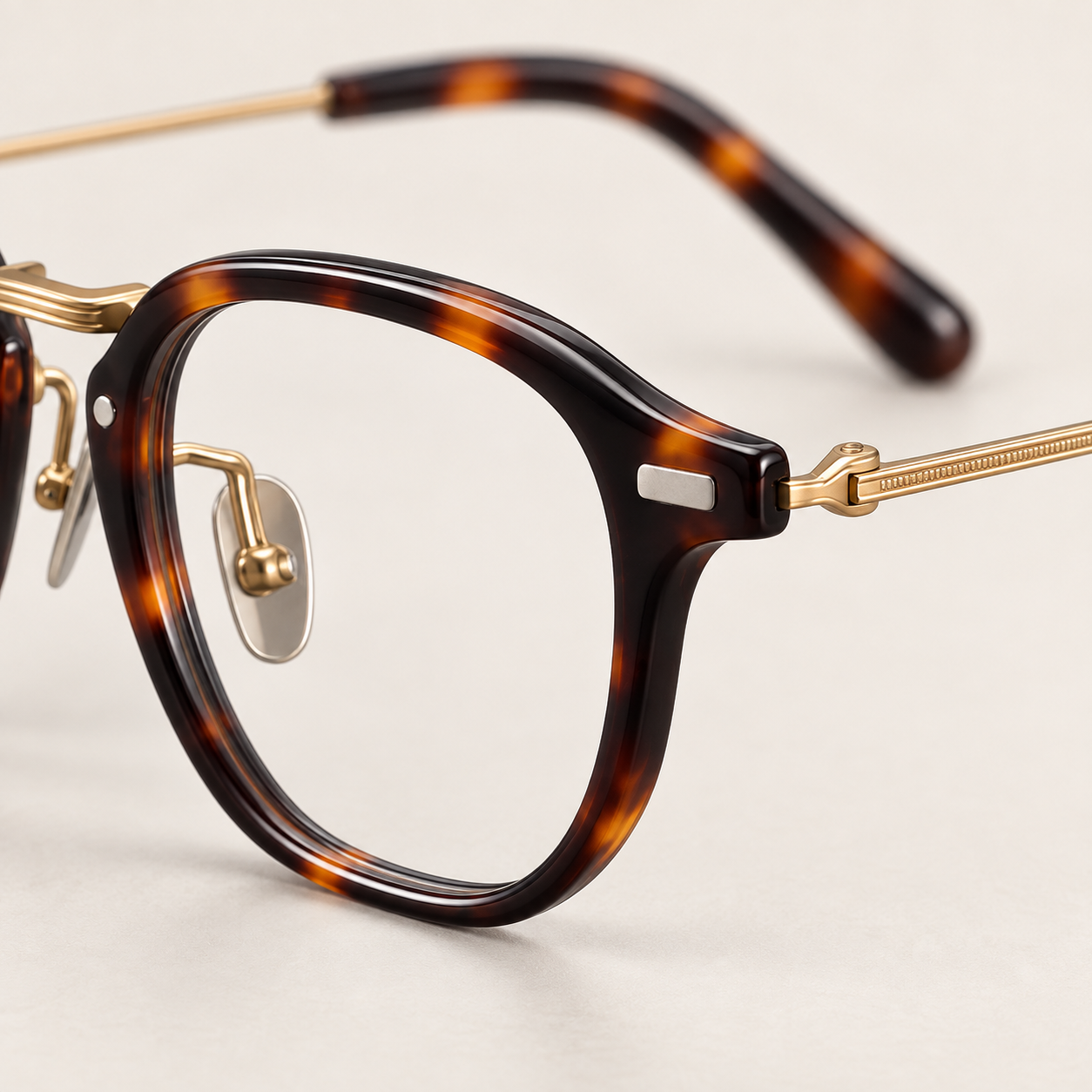 Moreau Geometric Frames in Tortoiseshell - sculpted temple and endpiece detail