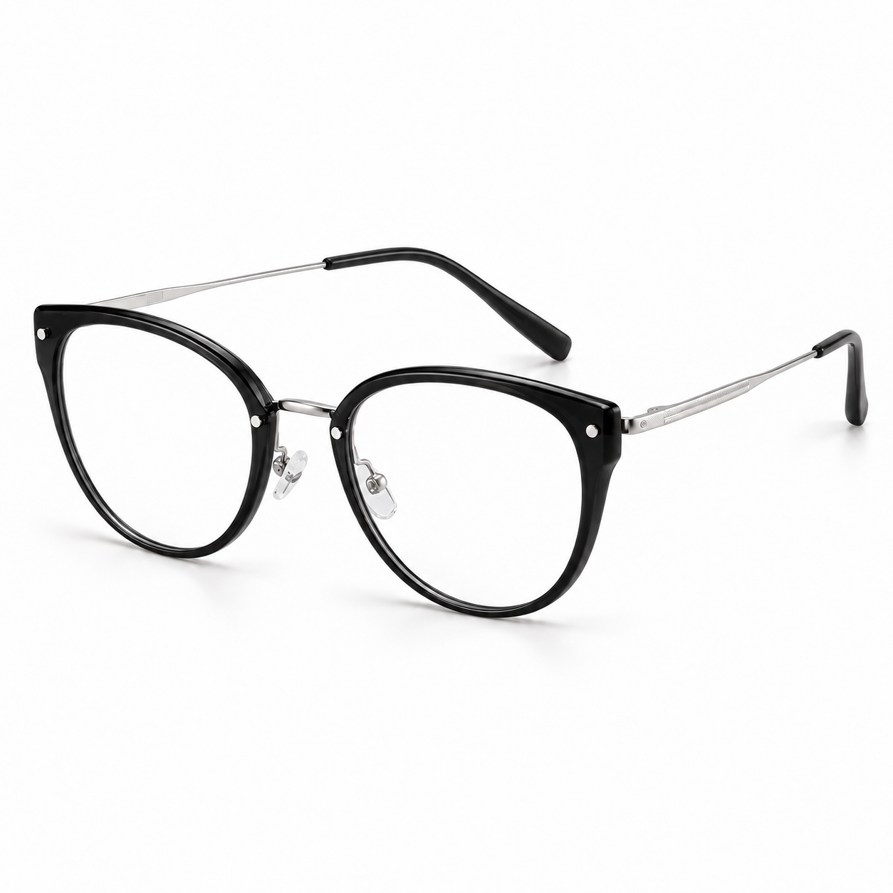 Solène Cat-Eye Frames in Black Silver - product view on white background