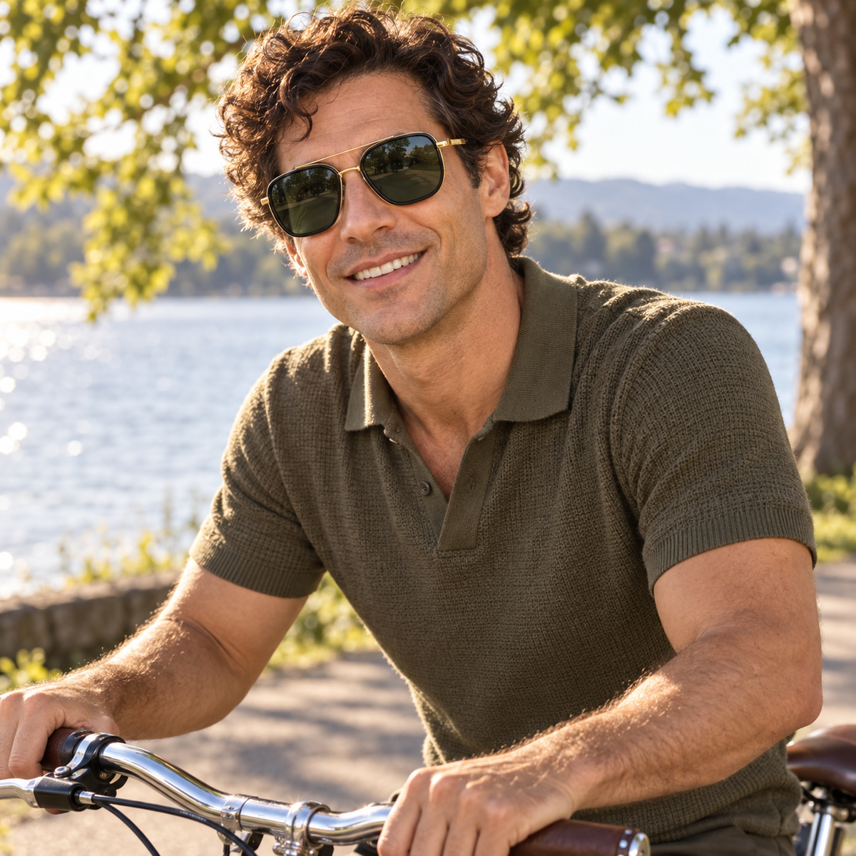 Serena Polarized Navigator Sunglasses in Black Green - worn by a man