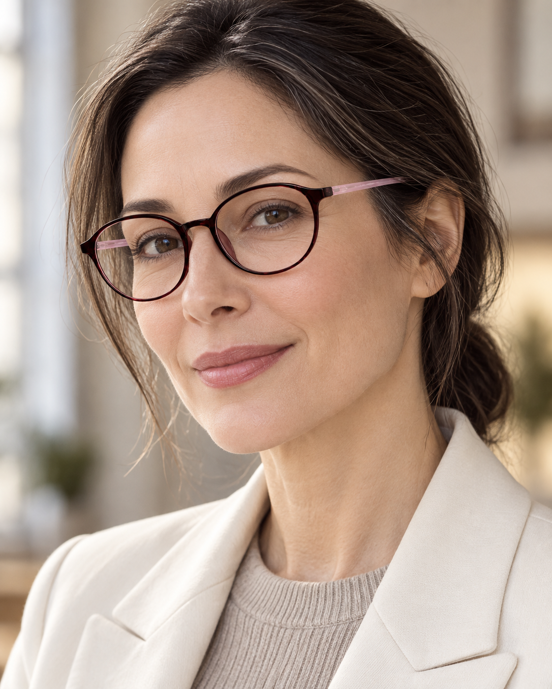 Colette Oval Frames in Burgundy - worn by a woman