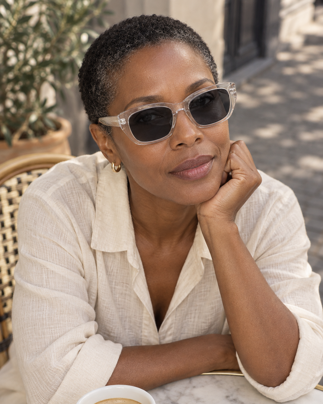 Marceau Square Sunglasses in Crystal - worn by a woman