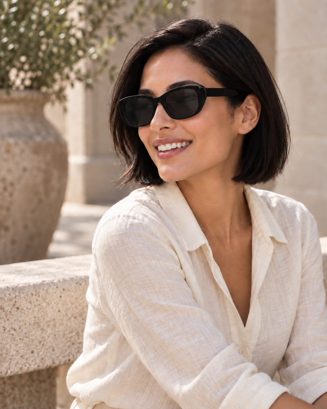 Marceau Square Sunglasses in Black - worn by a woman
