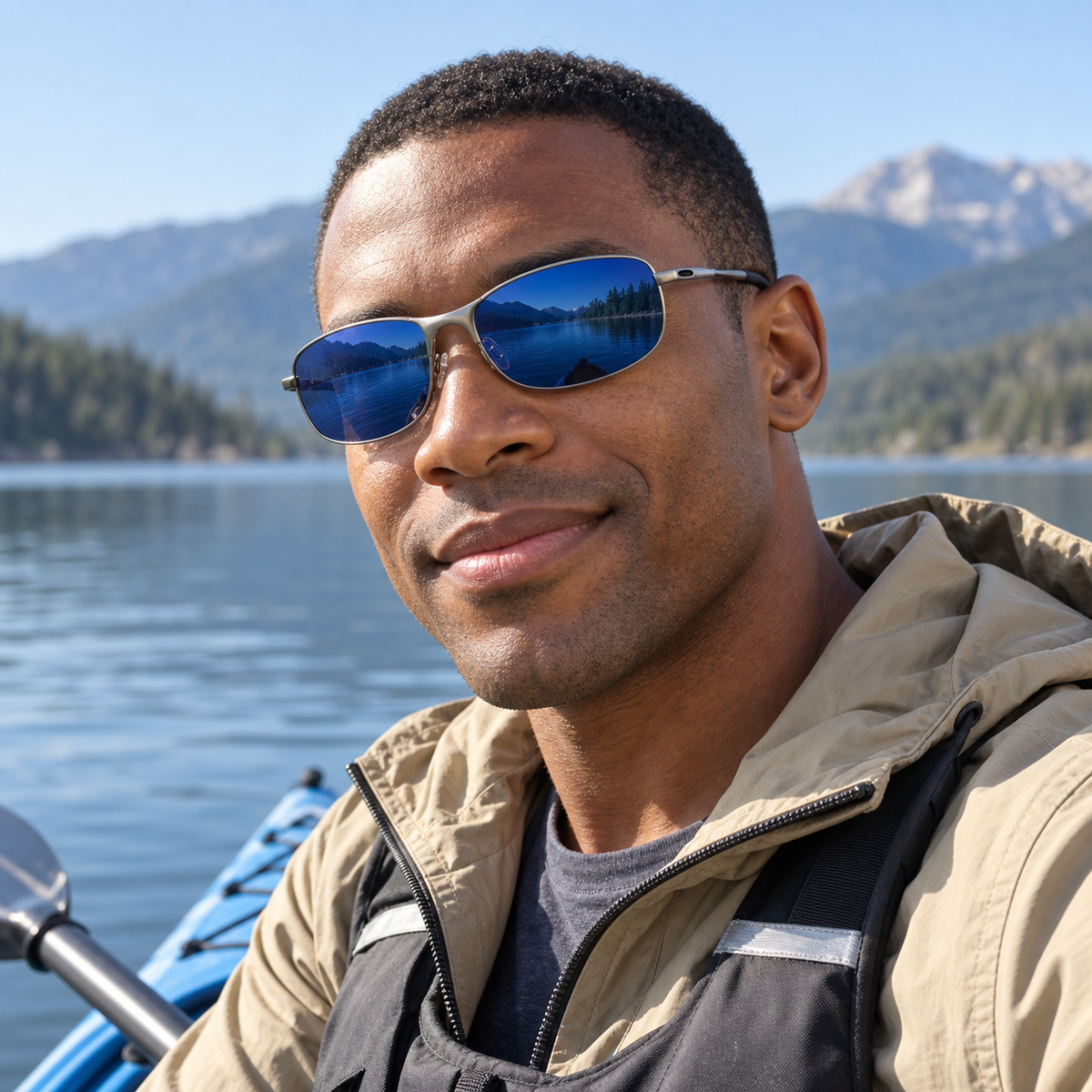 Rovello Polarized Sunglasses in Silver Blue Mirror - worn by a man