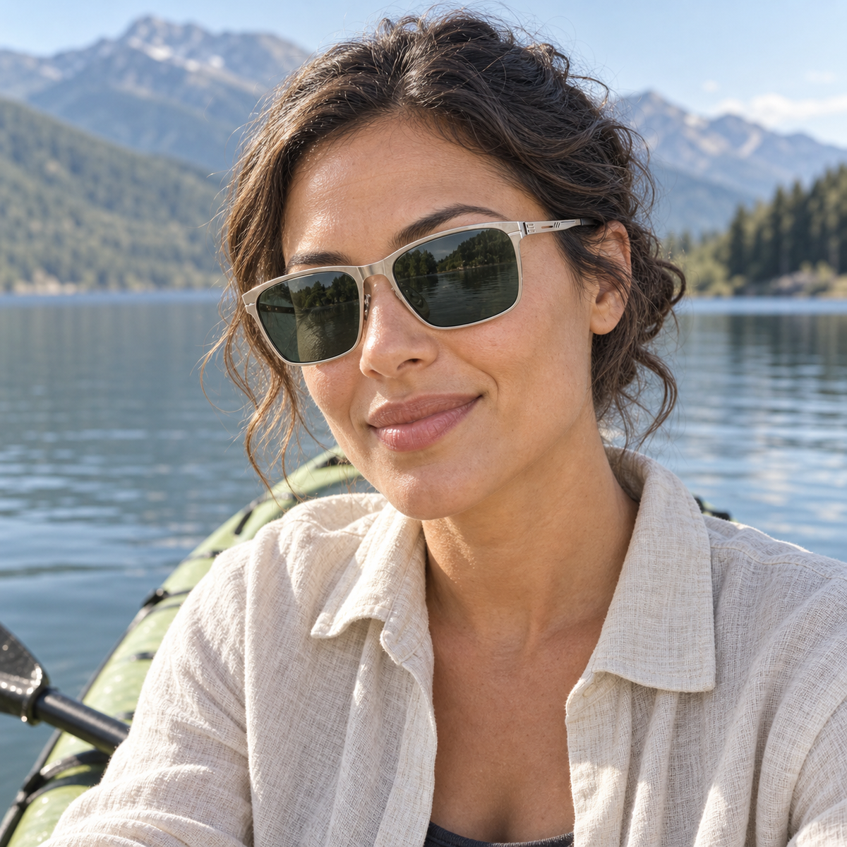 Vareno Polarized Square Sunglasses in Silver Green - worn by a woman