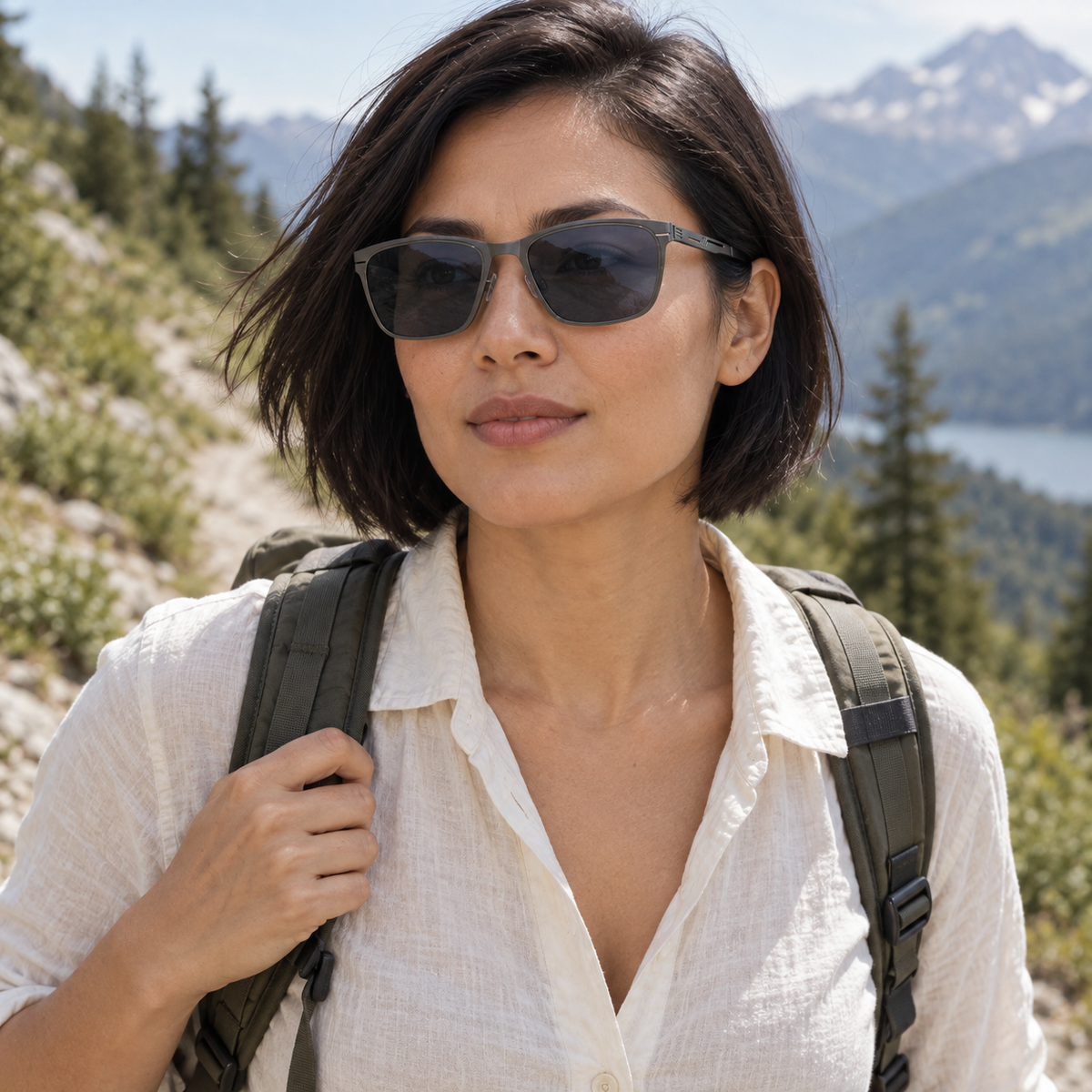 Vareno Polarized Square Sunglasses in Gunmetal Blue - worn by a woman