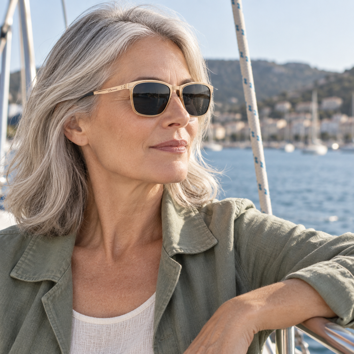 Vareno Polarized Square Sunglasses in Gold Gray - worn by a woman