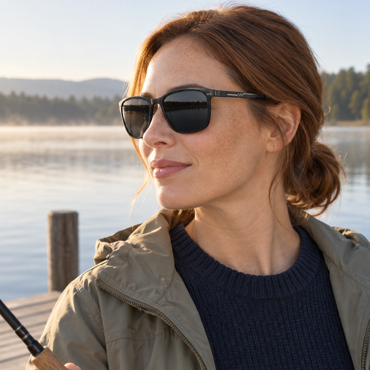 Vareno Polarized Square Sunglasses in Black Gray - worn by a woman