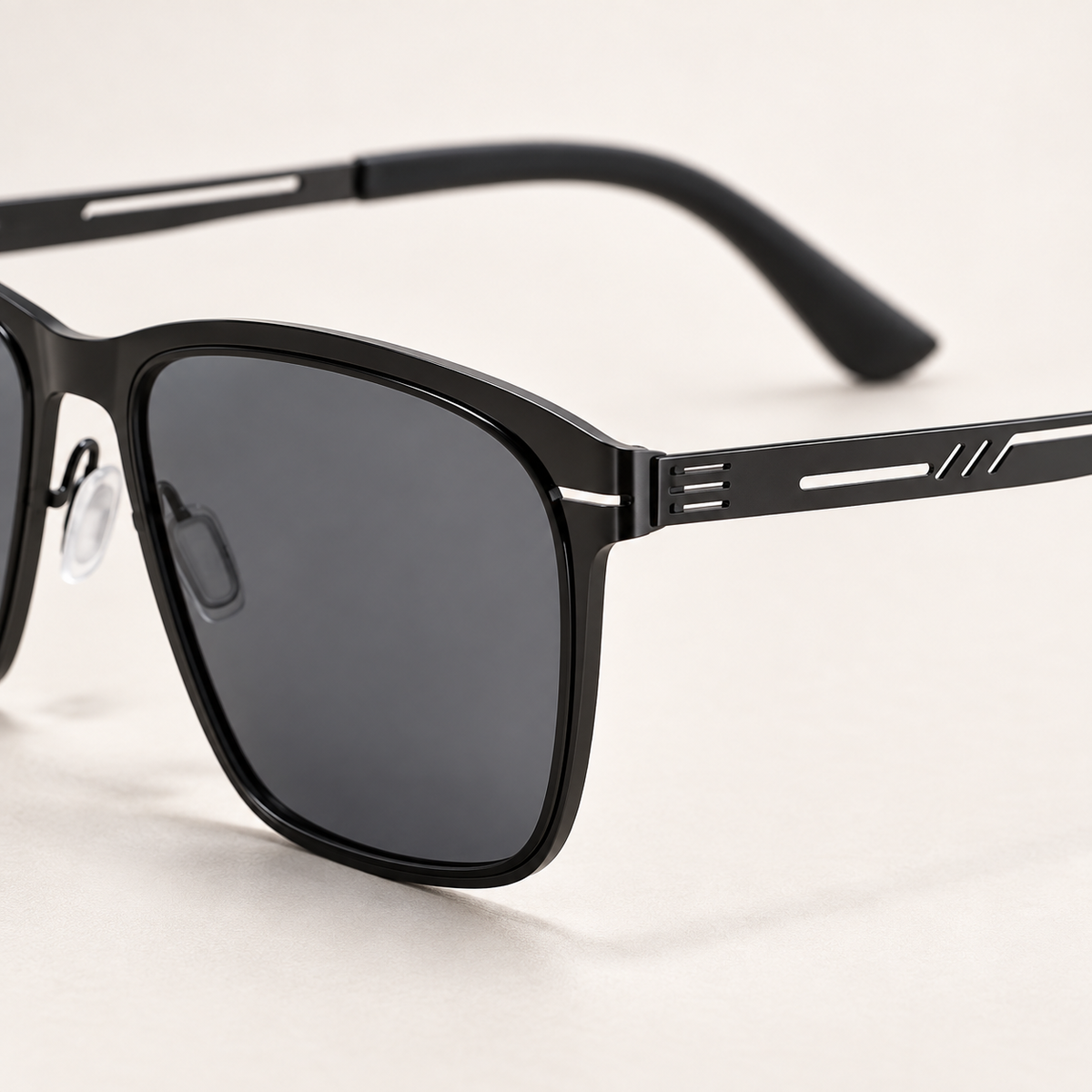 Vareno Polarized Square Sunglasses in Black Gray - Geometric slotted temple detail