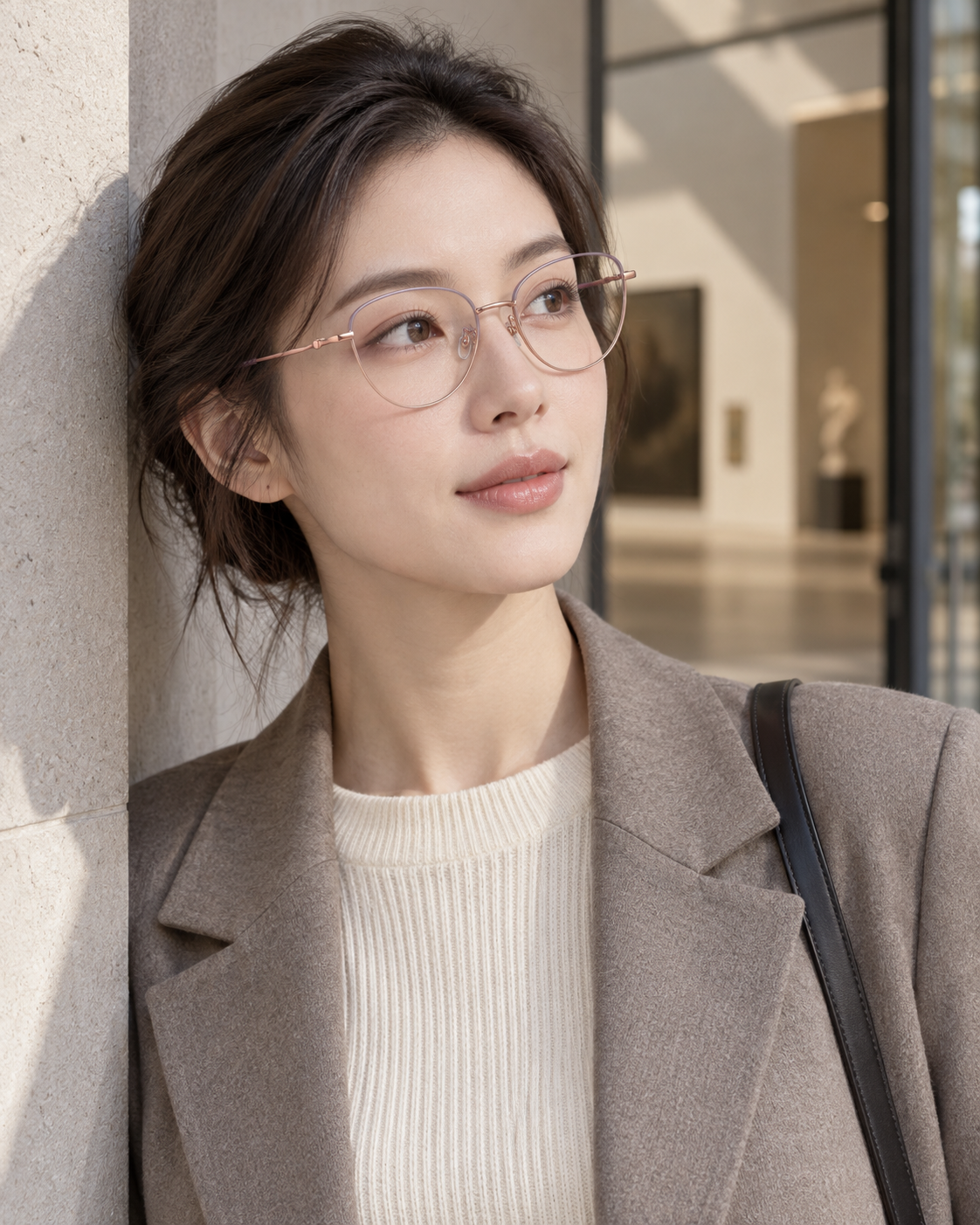 Odeline Titanium Cat-Eye Frames in Purple Rose Gold - worn by a woman