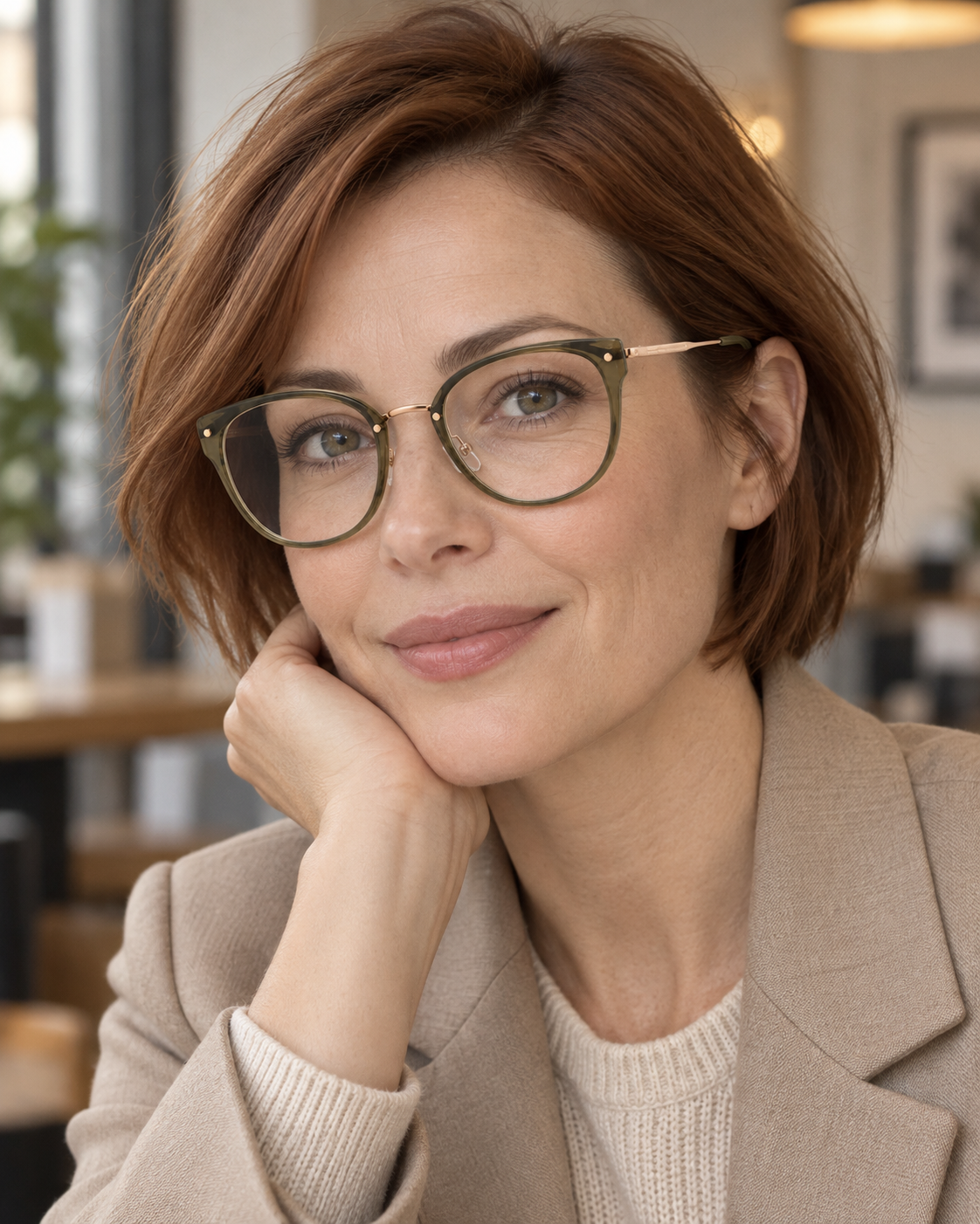 Solène Cat-Eye Frames in Olive Rose Gold - worn by a woman