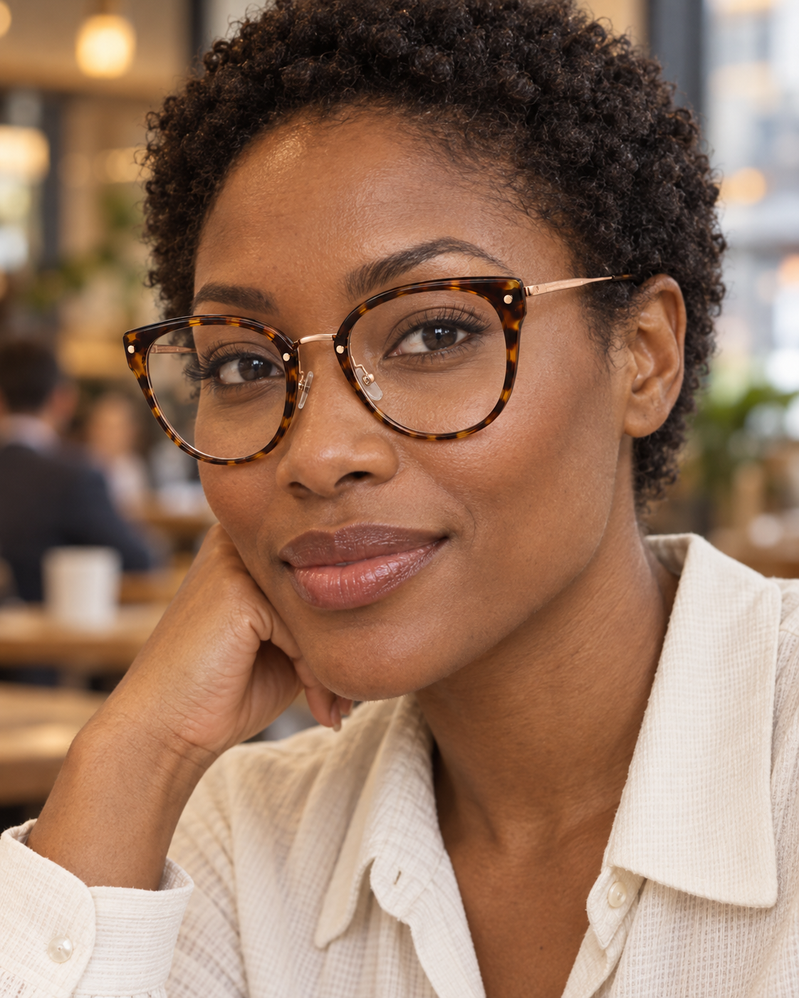 Solène Cat-Eye Frames in Tortoiseshell Rose Gold - worn by a woman